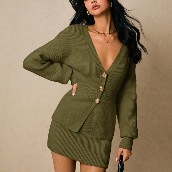 Army Green Casual Women's Cardigan and Skirt Set - Picture 1 of 8